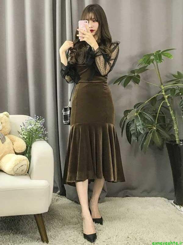 مدل لباس مخمل خانگی کوتاه چین دار اینستاگرام